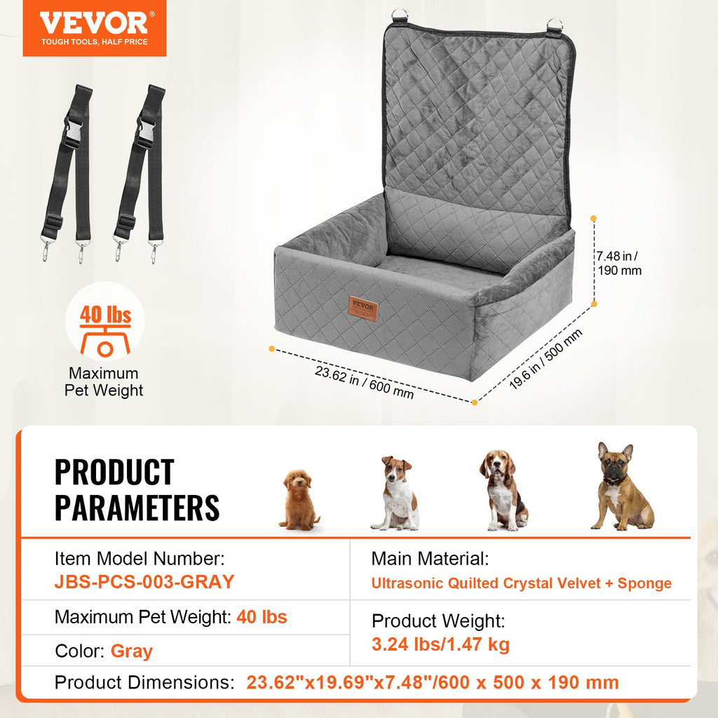 Dog Car Seat for Small & Medium Dogs – Gray Travel Booster Bed